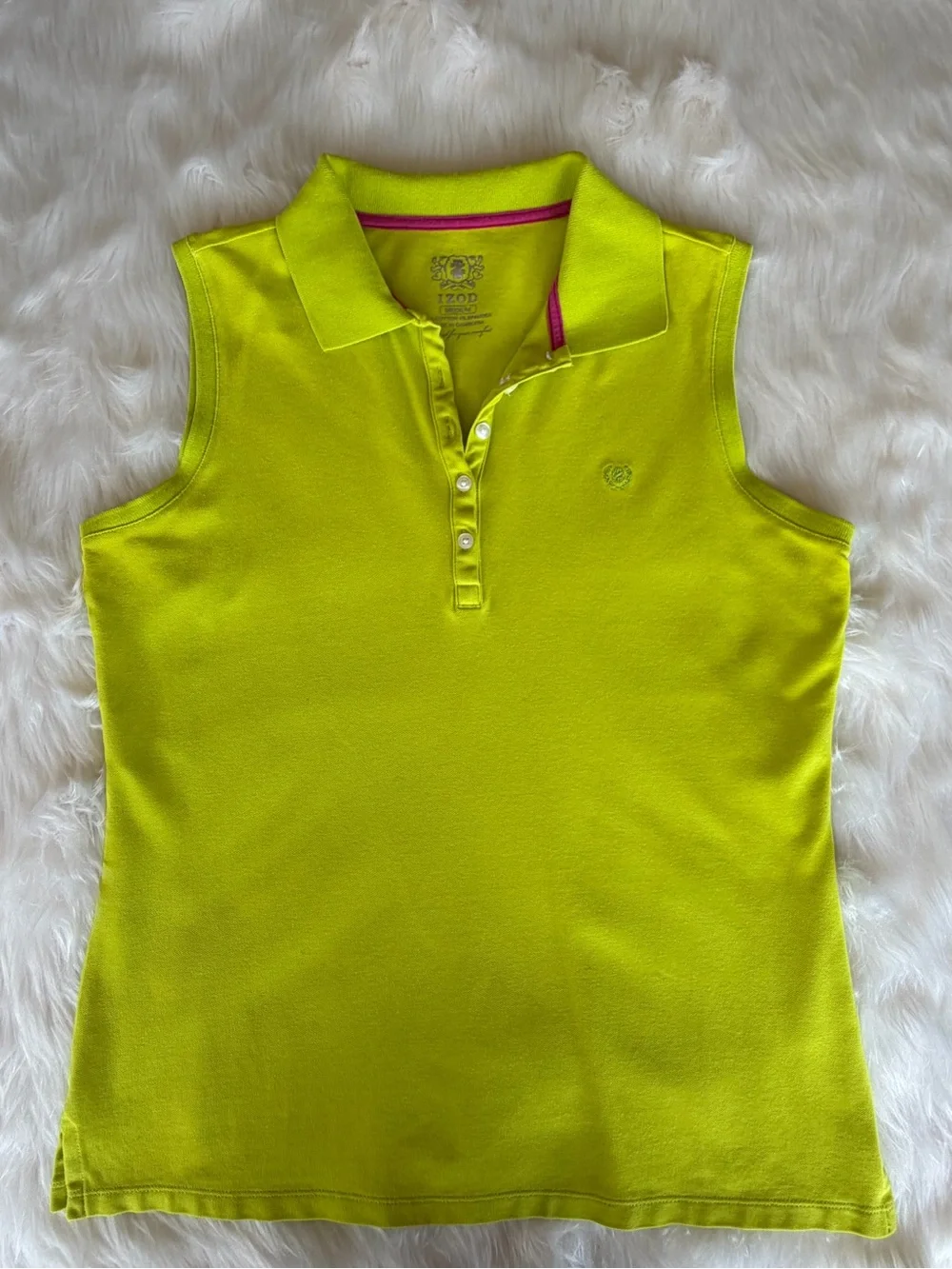 Izod Sleeveless Polo Sz M Lime Green Pink Trim Cotton Stretch Golf